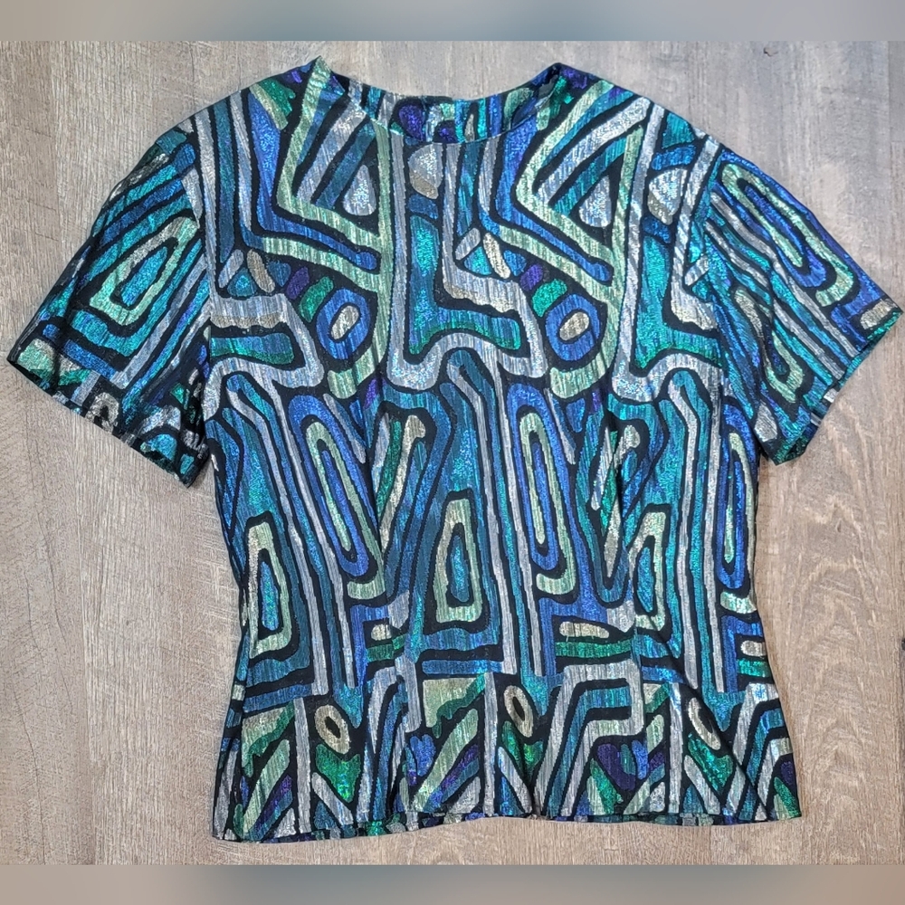 Christian Dior 80s Vintg Semi Sheer Blouse Womens 14 Black Multi Metallic Retro - Picture 6 of 13